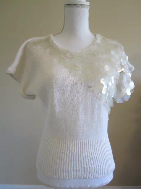 Vtg 80's Womens Round Neck White Sequined Short Sleeve Knit Sweater Sz M