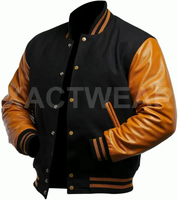 MENS CASUAL VARSITY Bomber Jacket - Letterman Real Leather Sleeves ...