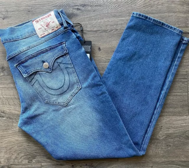 True Religion Mens size 36x32 Geno SN Flap Relaxed Slim Jeans Blue Denim New