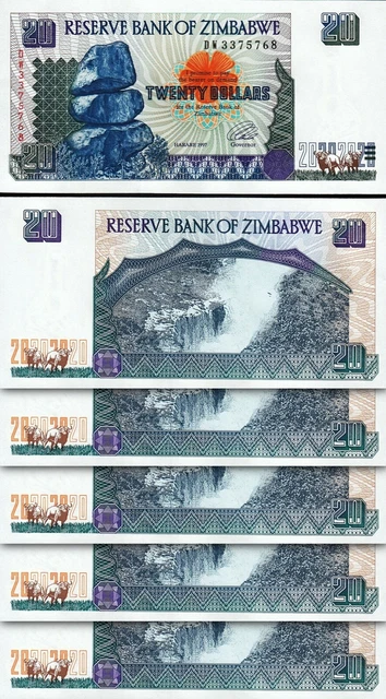 Zimbabwe 20 Dollars 1997, UNC, 5 Pcs LOT, Consecutive, P-7