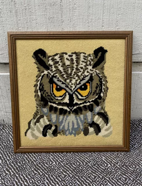 Vintage 1970s Owl Yarn Needlepoint Framed Wall Hanging 16 x 16