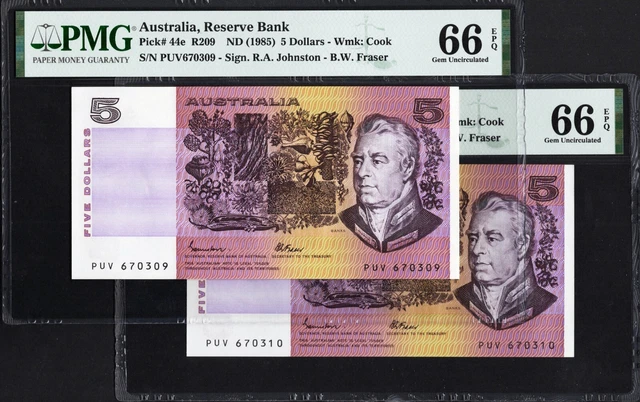 Australia 2 x 5 Dollars P44e R209 1985 Johnston Fraser PMG66 Gem UNC EPQ SET
