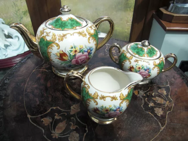 Rare Sadler Green Floral Tea Set circa 1930s-40s (Pot, Sugar Bowl & Creamer)