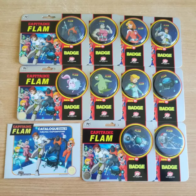 Capitaine Flam Collection complète de 10 badges + catalogue - Epoque Goldorak