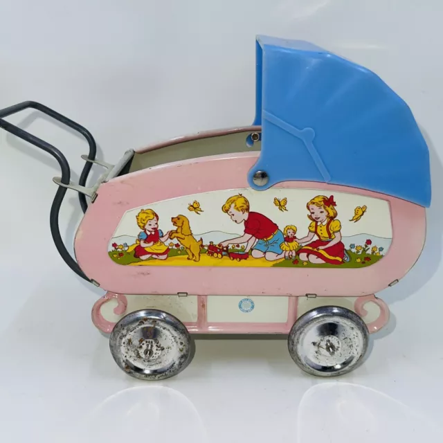 NICE 1950s Vintage Ohio Art Tin Litho Baby Buggy Carriage Stroller Lithograph