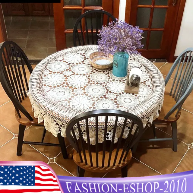 White 52inch Round Hand Crochet Tablecloth Vintage Lace Table Cloth Floral Doily