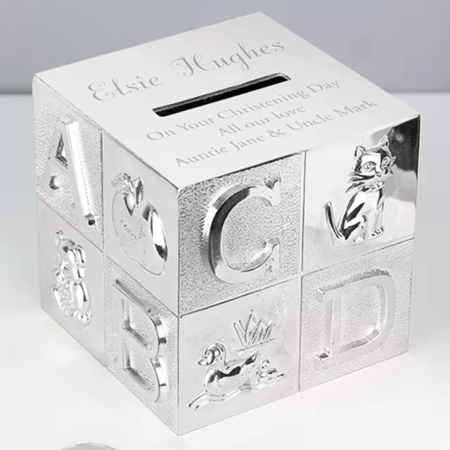 Personalised Engraved Silver Plated ABC Money Box Birthday baby Gift Christening
