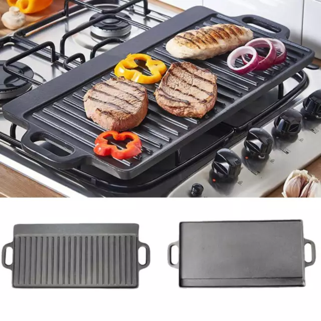 Cast Iron Reversible Non Stick Grill Pan BBQ Hob Cooking Griddle Plate 50x23cm