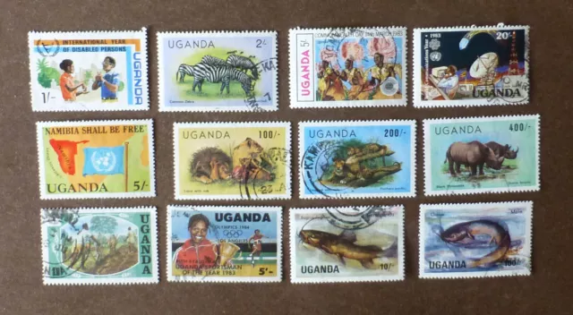 Briefmarken Uganda. 12 Stück, papierfrei, 1980er