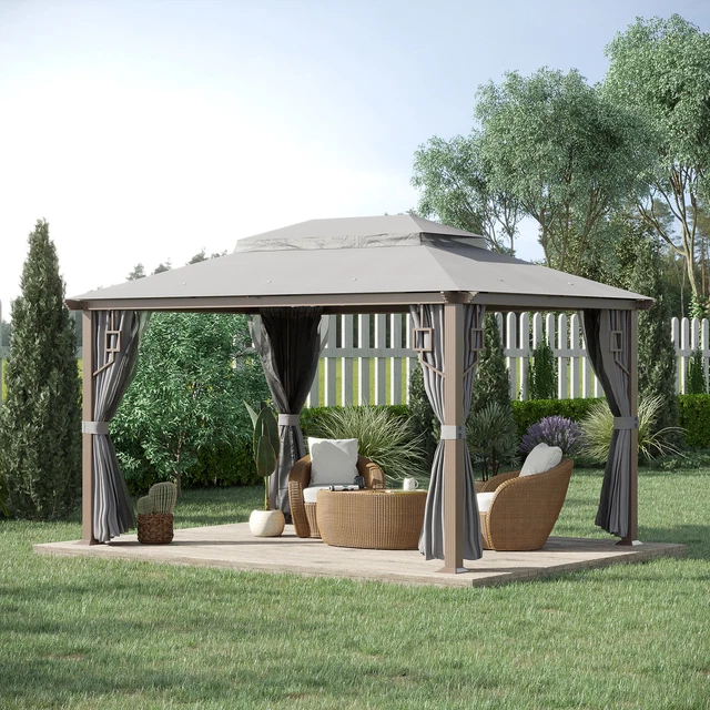 Outsunny Pavillon 4 x 3 m mit 4 Seitenteile & Moskitonetz Doppeldach Metall Grau