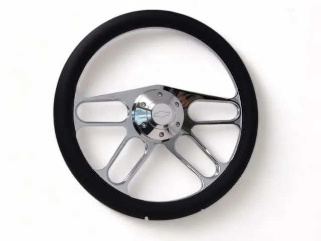 14" Billet Muscle Steering Wheel with Black Vinyl Wrap and Chevy Horn & 6 Hole