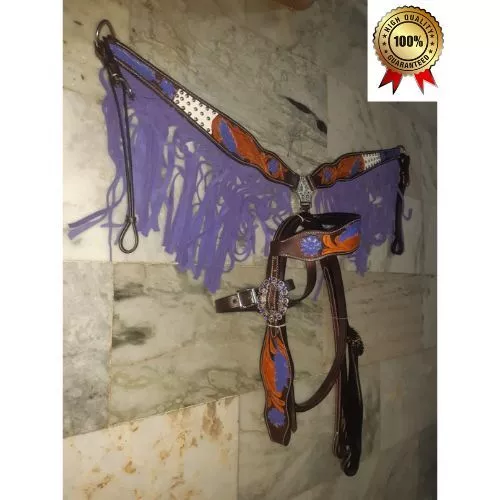 Leather Western Horse One Ear Bridle & Breast Collar Handmade with Purple Fringe