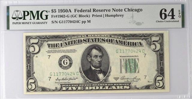 1950A $5 Federal Reserve Note Fr#1962-G Chicago, Pmg Choice Unc 64 Epq G11770424