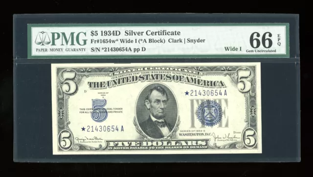 DBR 1934-D $5 Silver Gem STAR Fr. 1654Wi* Wide I PMG 66 EPQ Serial *21430654A