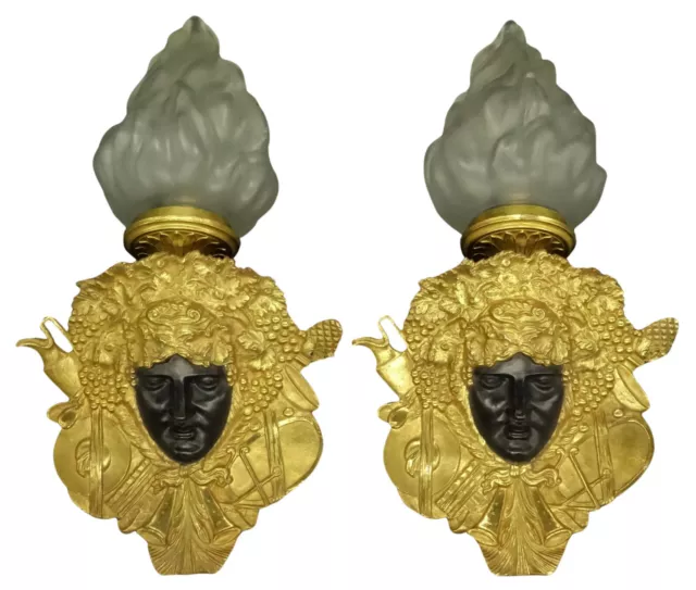 GRANDE PAIRE D'APPLIQUES, MASCARON BACCHUS, STYLE LOUIS XVI DU XIXe - BRONZE