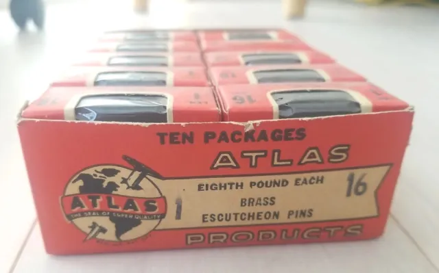 10 Boxes Atlas Products  Brass 3/8" Escutcheon Pins  Store Display Box NOS