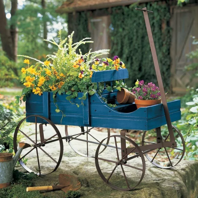 Rustic Blue Wooden Amish Country Wagon Garden Statue Planter