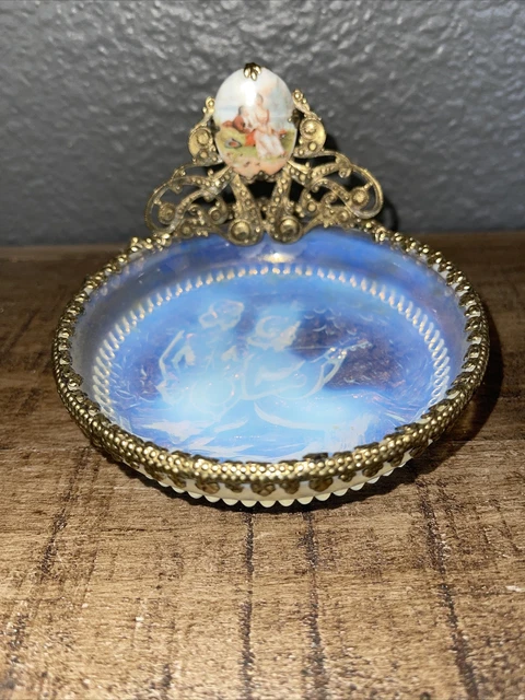 Vintage Art Deco French  Opalescent  Bombons Dish With Hand Painted Art