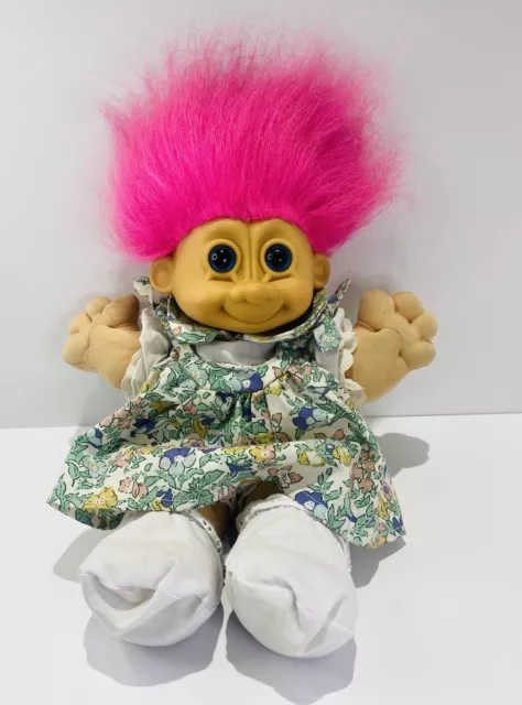 Russ Berrie Troll Plush Floral Dress Pink Hair Soft Body 12" Vintage EUC