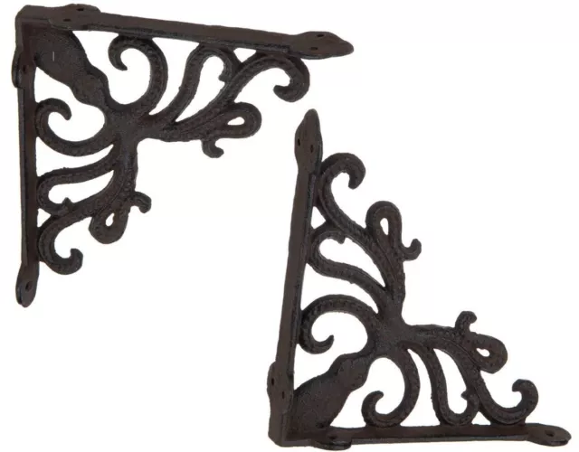 2 Cast Iron Octopus Brackets Nautical Garden Braces Shelf Corbels Ocean Rustic