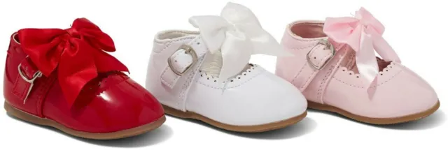 Baby Girls Spanish Bow Shoes Patent Mary Jane White Pink Black Red Party Uk 1-7