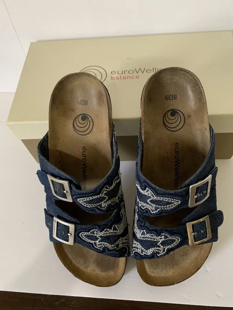 euro Wellness Balance Denim Blue Canvas 2 strap sandals clogs Mules Size 8 w/box