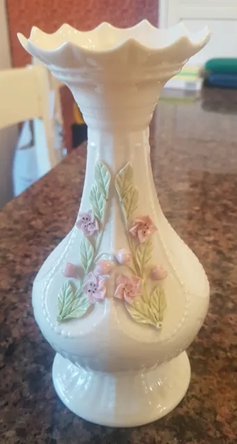 Vintage IRISH Belleek Parian China Vase Pink & Green Applied Flowers~ 8.5" Tall