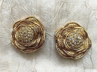 Gorgeous Vintage French Designer Earrings - Signed "A" Huge Flowers with Crystal