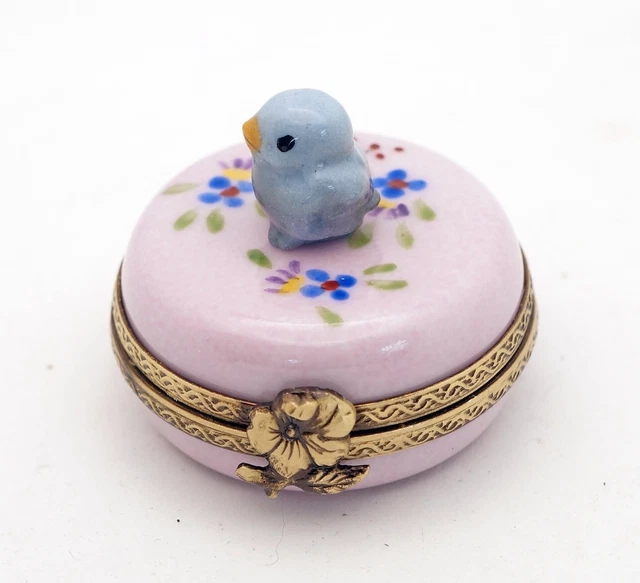 New French Limoges Trinket Box Cute Blue Bird on Pink Floral Box