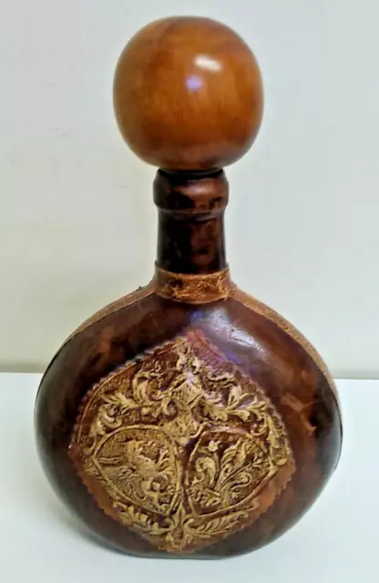 Vintage Leather Wrapped Glass Bottle With Wood Stopper