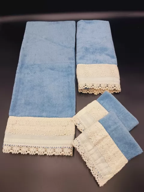 Vtg Set 1978 Avanti GrandPrix Bath/Hand/Washclot Towel Cottagecore/Cotton Lace