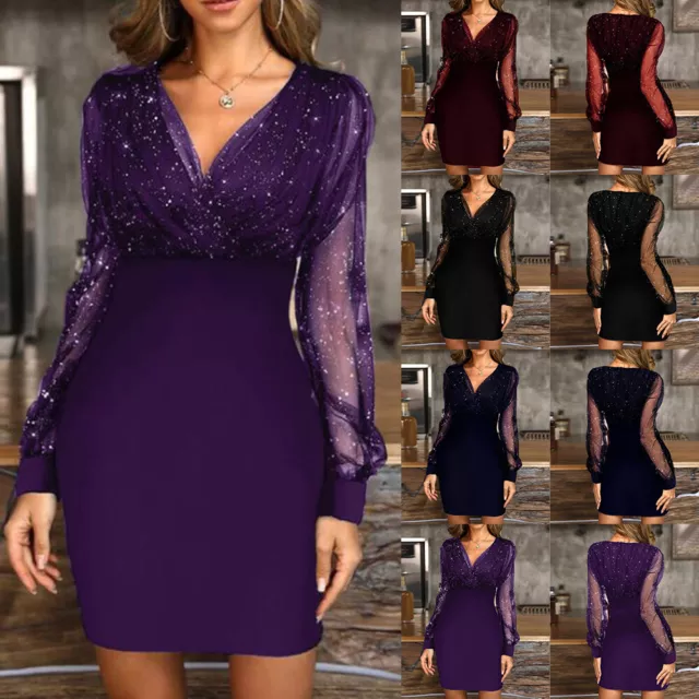 Womens Sexy Mesh Party Mini Dresses Ladies Evening Cocktail V Neck Bodycon Gowns