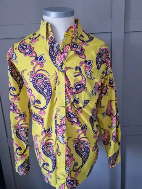 Mazeys  Retro Mod Mens 70s Yellow Psychedelic Paisley Shirt Medium