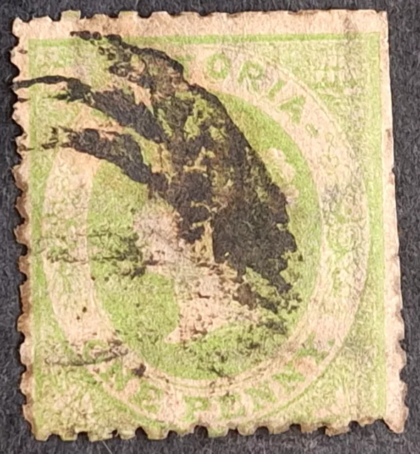 1859 Victoria Australia 3d Yellow green Emblem stamp P12 WMK ONE PENNY Used