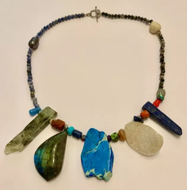 Quirky Boho necklace lapis, labradorite, druzy quartz, coral,  prehnite, silver 2