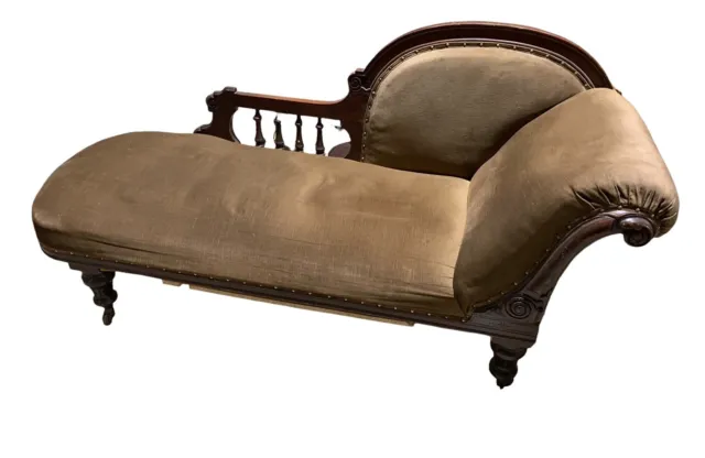 Vintage Antique Brown Wood Ornate Carved Frame Chaise Longue Sofa Brown Fabric