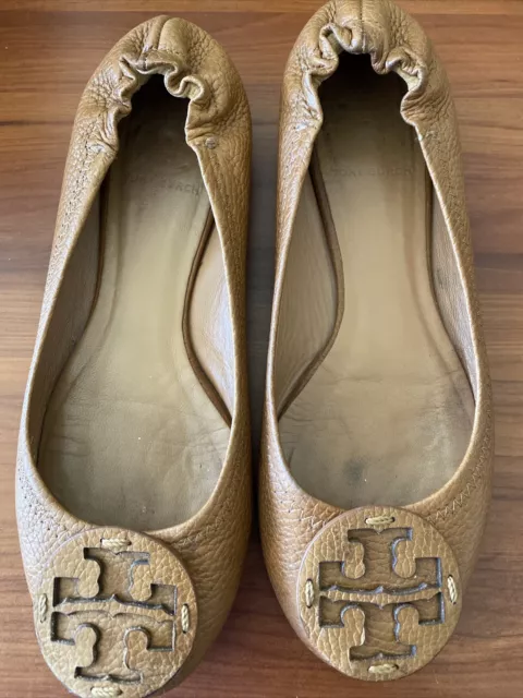 Tory Burch Reva Logo Ballerina Flat Royal Tan Tumbled Leather Shoes Sz 7.5