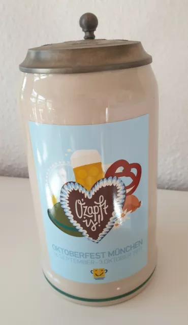 Bierkrug Oktoberfest Jahrgang 2017 mit Zinndeckel- 1 Liter- NEU mit Zertifikat! 