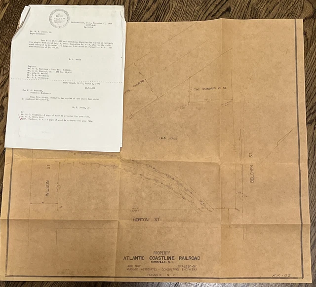 ATLANTIC COAST LINE SEABOARD RAILROAD Deed & Map 1969 FARMVILLE NC Vtg Ephemera