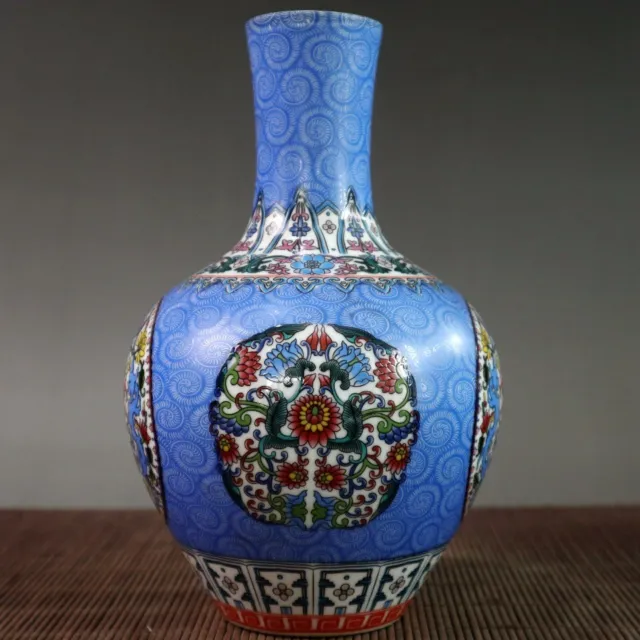9″ china blue enamel Porcelain vase painting Entangled patterned flower bottle