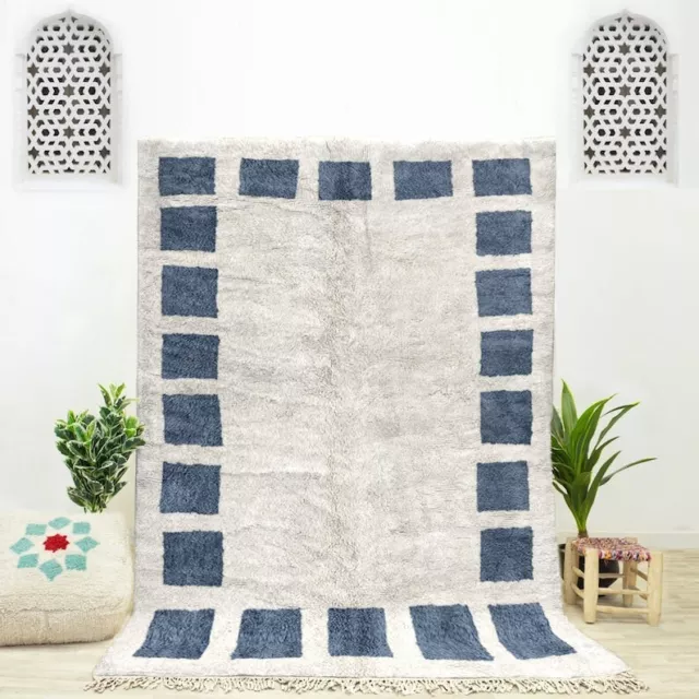 A Blue Moroccan Checkered, Checkerboard Rug Handmade In Beni Ourain