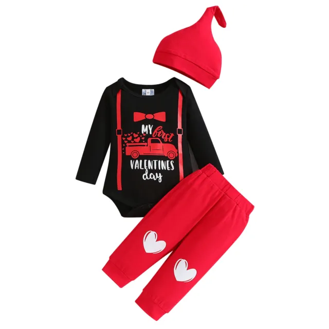 Baby Boys Valentines Day Outfits Long Sleeve Romper Bodysuit With Long Pants Hat