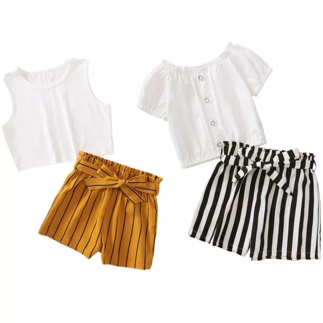 Kids Girls 2 Pieces Casual Outfits Cotton Top Striped Printed Shorts Summer Wear