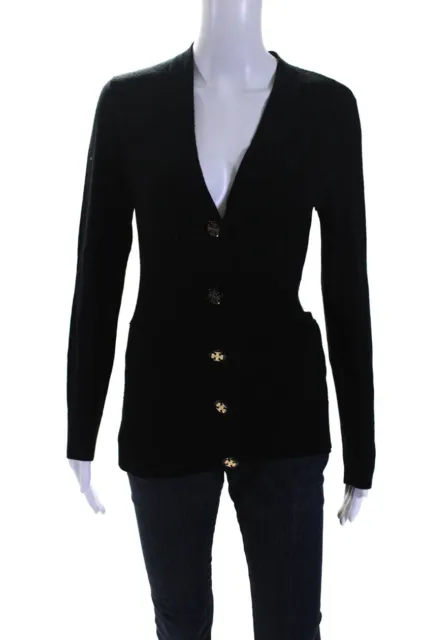 Tory Burch Womens Merino Wool Knit Long Sleeve Sweater Cardigan Black Size S