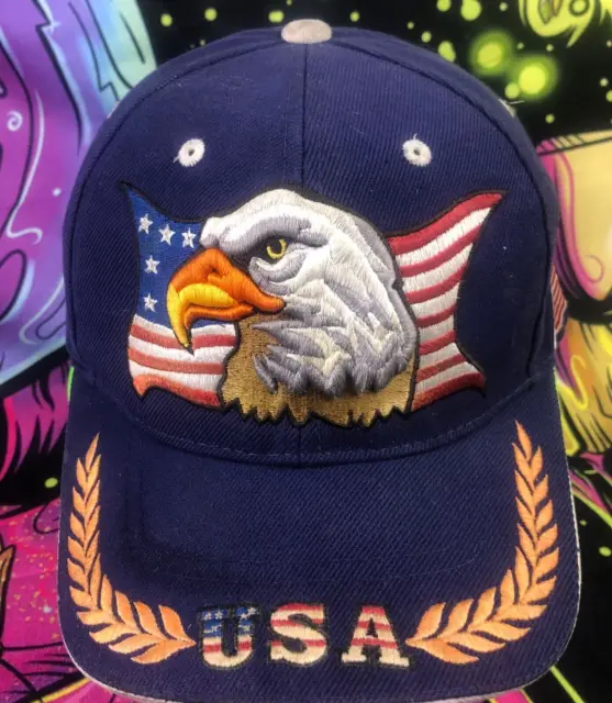 USA Bald Eagle Hat Cap Embroidered Waving Flag Adjustable WOOL Blend Blue ST