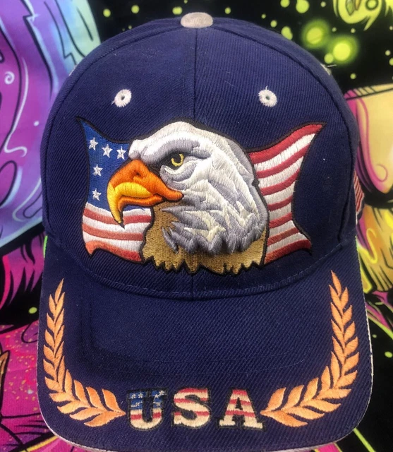 USA Bald Eagle Hat Cap Embroidered Waving Flag Adjustable WOOL Blend Blue ST