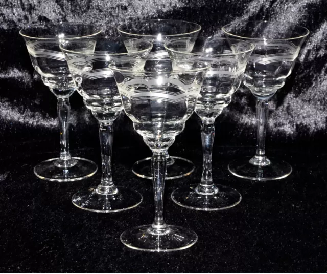 VintaGe Art Deco 6 Aperitif  Wein Glas gestufte & gewellte Kuppa Ätzdekor Wellen