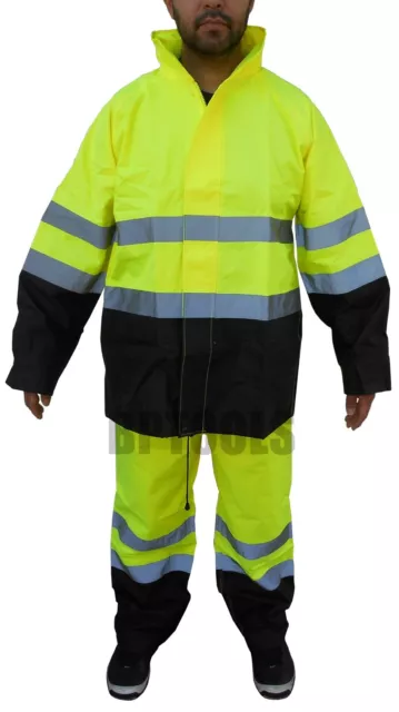 Yellow  Safety Rain-Suit Rain Jacket with Hoodie & Pants Reflective Waterproof