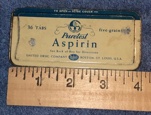 Vintage Puretest Aspirin Tin 36 ct. Tablet Tin Rexall Stores United Drug Co