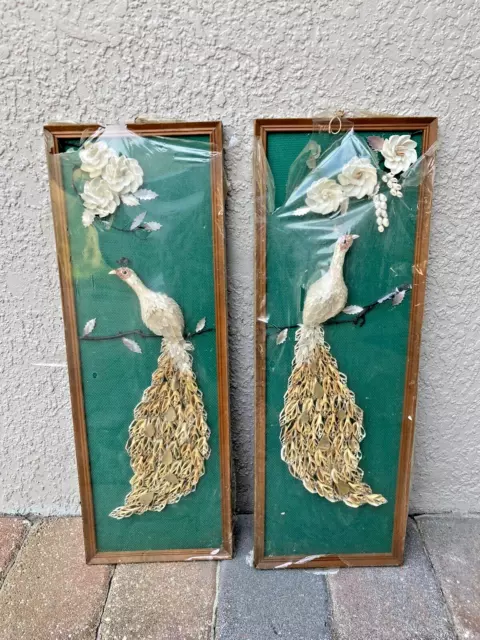 VINTAGE PAIR 1960s MCM TIKI BAR HUT MONKEYPOD TREE SHOPS CAPIZ SHELL ART PEACOCK